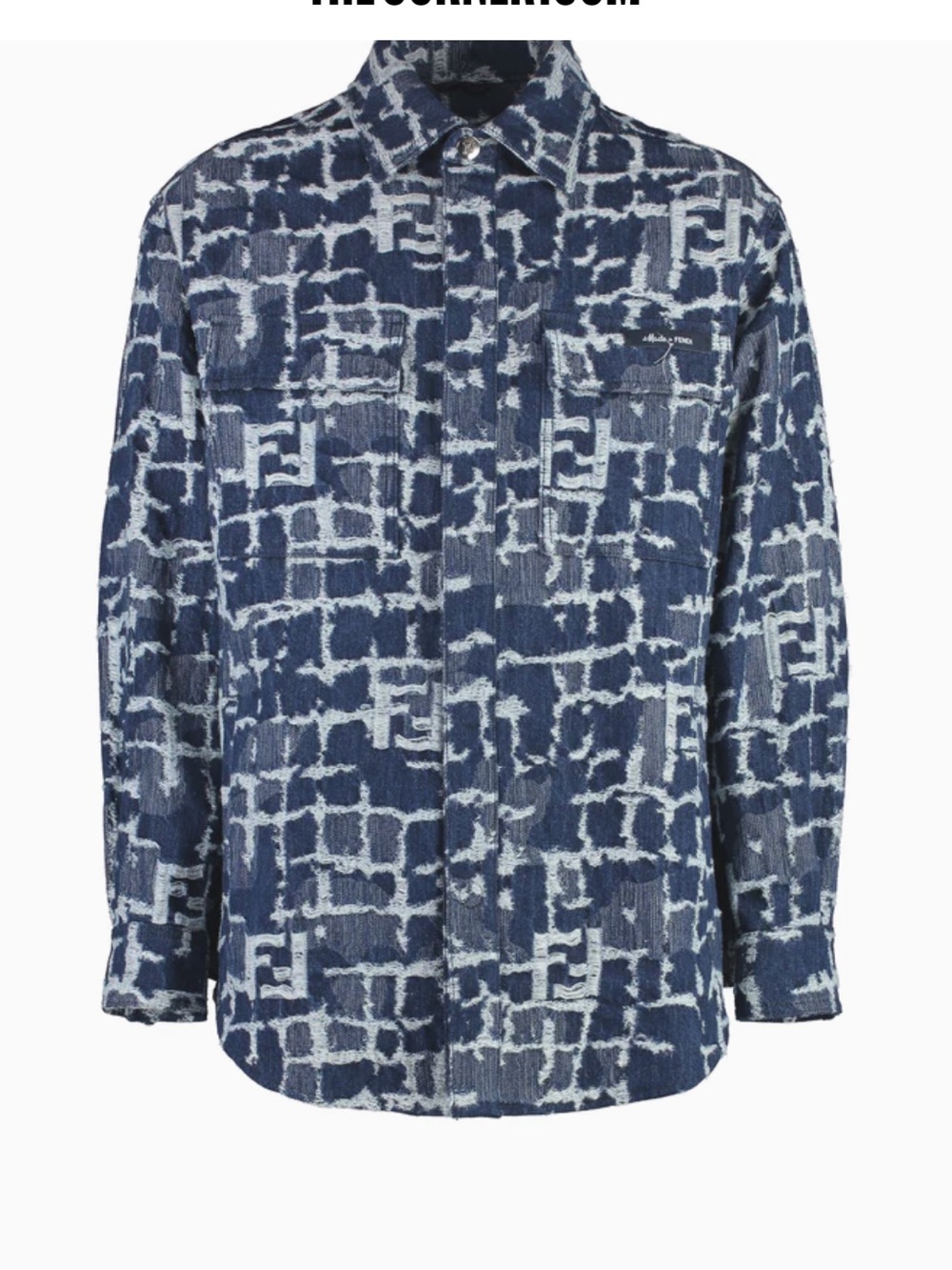 Fendi men's denim jacket featuring an all-over FF logo motif in blue and white.
